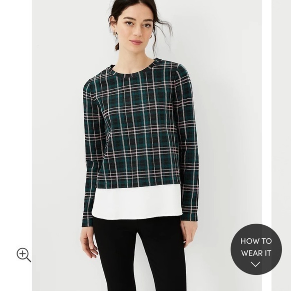 Ann Taylor Plaid Mixed Media Layered Top